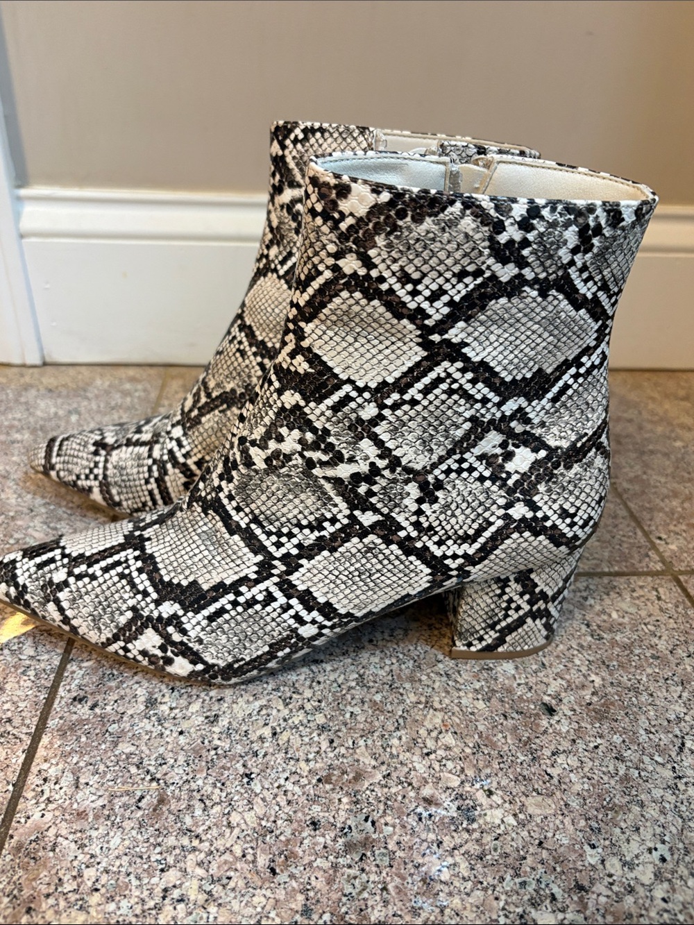 Ladies' Faux Snake-Print Ankle Booties in Black & White